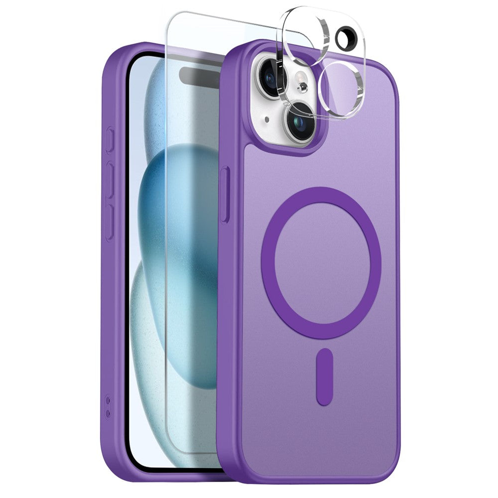 NORTHJO For iPhone 15 Plus Magnetic Case Translucent Matte Shockproof Phone Cover Set with Front Screen Protector + Lens Film