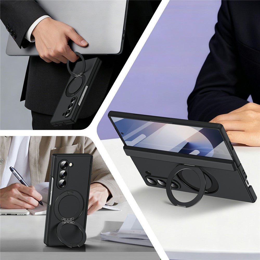 Til Samsung Galaxy Z Fold6 5G Foldbar Taske 360° Roterende Legeret Støtteben Hængselbeskyttelse Stødsikkert Cover med Glasfilm