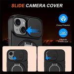 For iPhone 15 Case Magnetic Case Ring Kickstand Slide Camera Cover TPU PC Hybrid Phone Shell