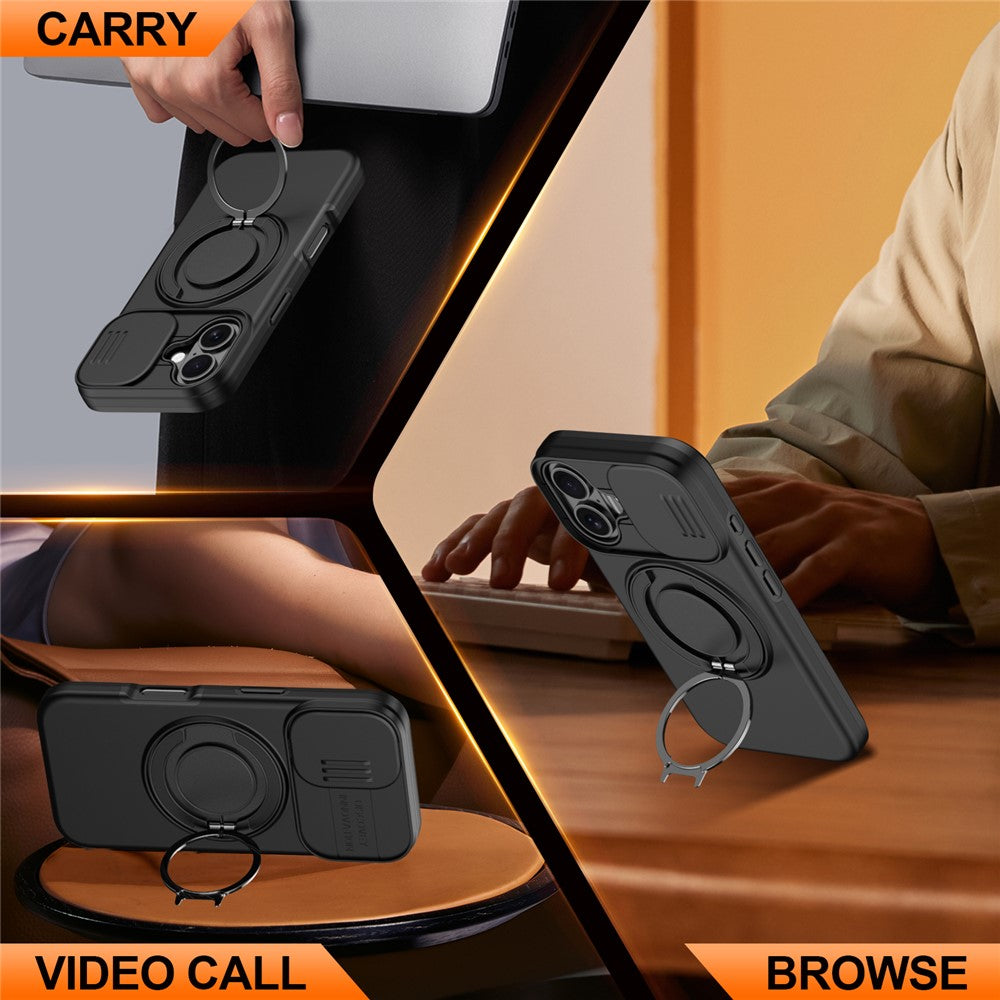 For iPhone 16 Case Magnetic Case Ring Kickstand Slide Camera Cover TPU PC Hybrid Phone Shell