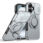 For iPhone 16 Case Magnetic Case Ring Kickstand Slide Camera Cover TPU PC Hybrid Phone Shell