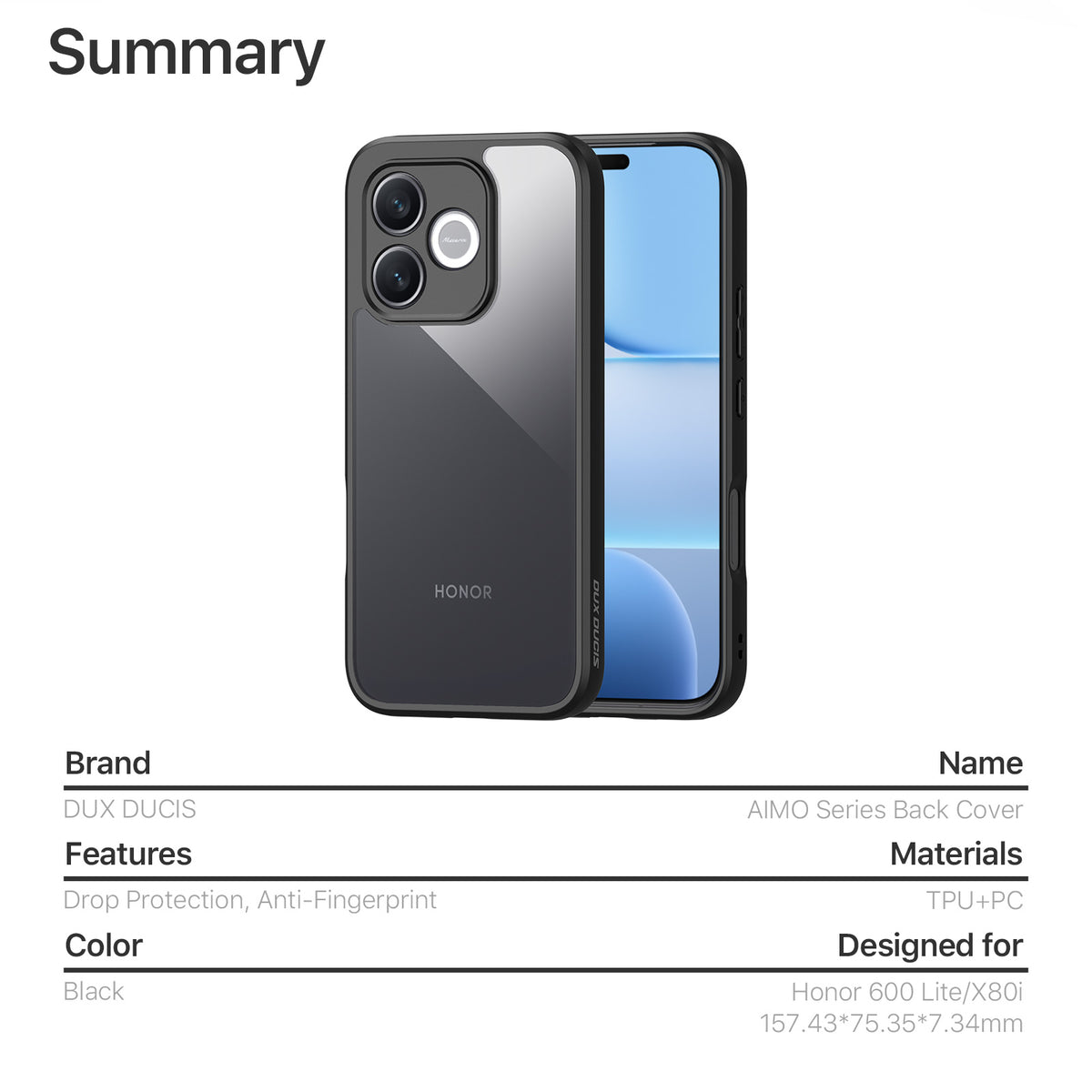 Dux Ducis For Honor Play11 Plus 5G / 600e 5G / X80i 5G / 600 Lite 5G Aimo-serien PC + TPU genomskinligt bakstycke för mobil (REACH-certifiering)