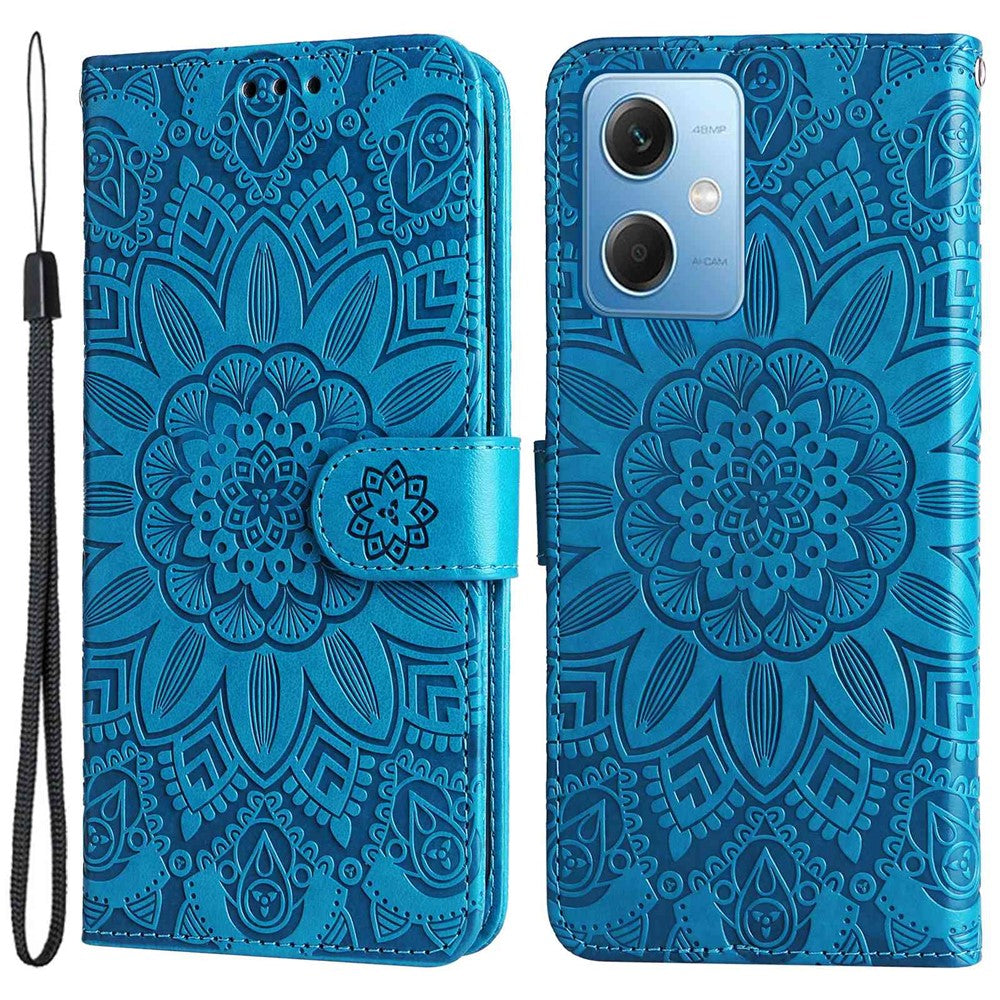 Xiaomi Redmi Note 12 5G (Global) / (Indien) / (Kina) / Poco X5 5G, PU-läderfodral med tryck och solrosmotiv, fällbart stativ, mobilfodral med rem