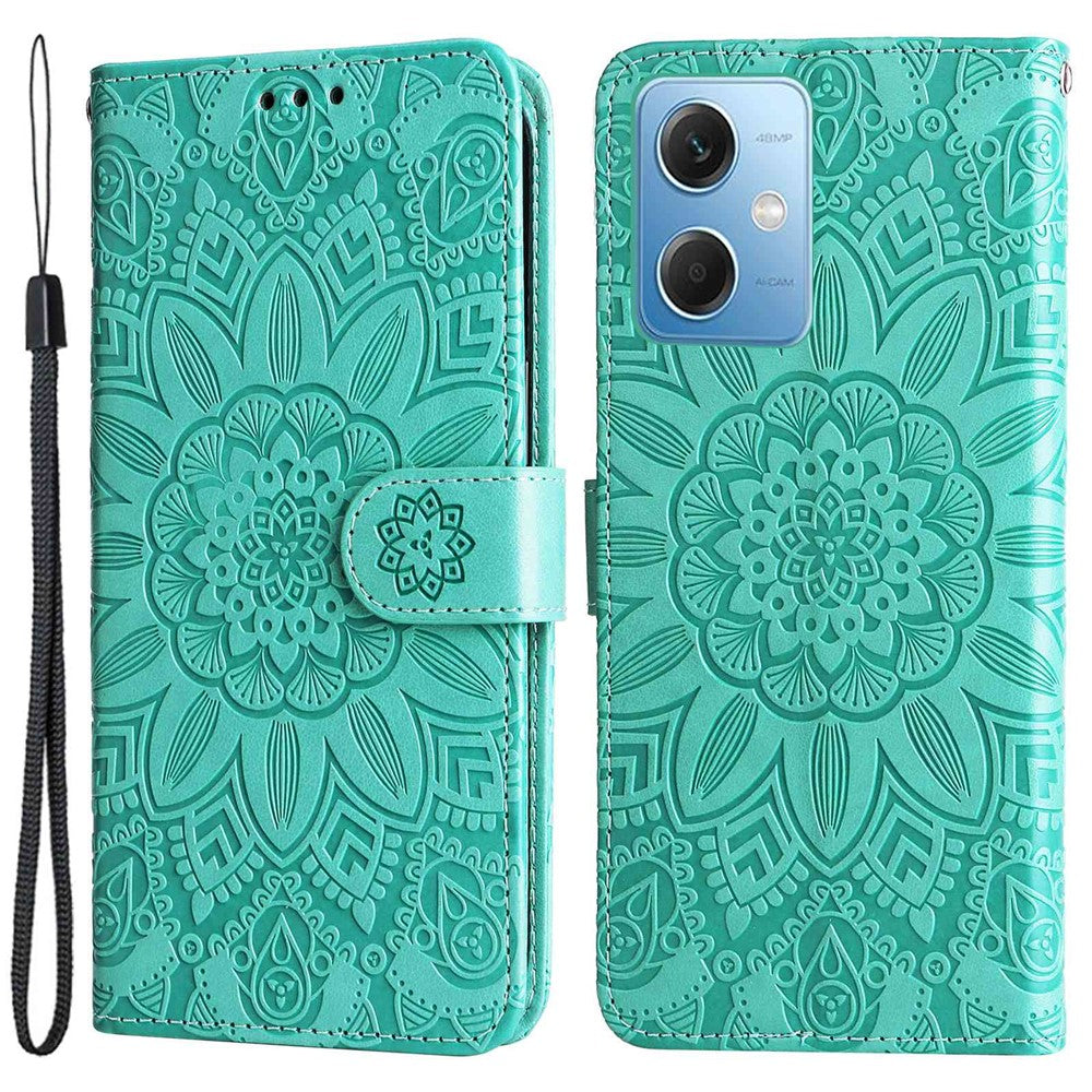 Xiaomi Redmi Note 12 5G (Global) / (Indien) / (Kina) / Poco X5 5G, PU-läderfodral med tryck och solrosmotiv, fällbart stativ, mobilfodral med rem