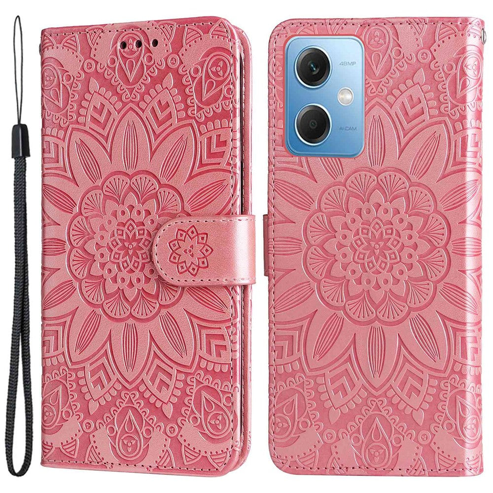 Xiaomi Redmi Note 12 5G (Global) / (Indien) / (Kina) / Poco X5 5G, PU-läderfodral med tryck och solrosmotiv, fällbart stativ, mobilfodral med rem