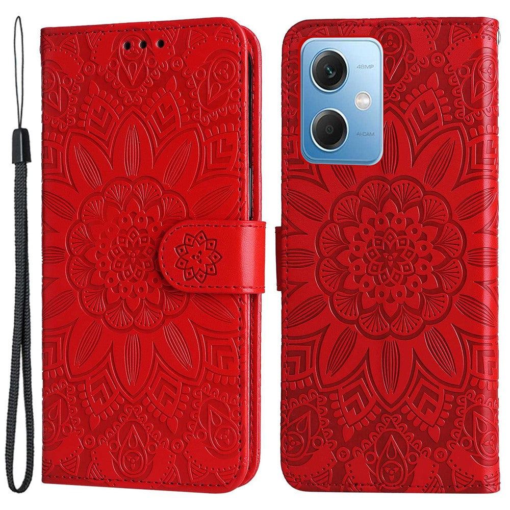 Xiaomi Redmi Note 12 5G (Global) / (Indien) / (Kina) / Poco X5 5G, PU-läderfodral med tryck och solrosmotiv, fällbart stativ, mobilfodral med rem