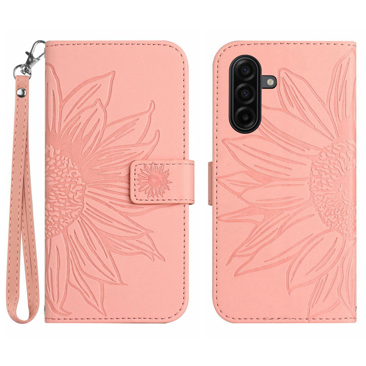 Samsung Galaxy A27 5G-skal Sunflower Imprint Läderplånbok mobilskal med Handledsrem