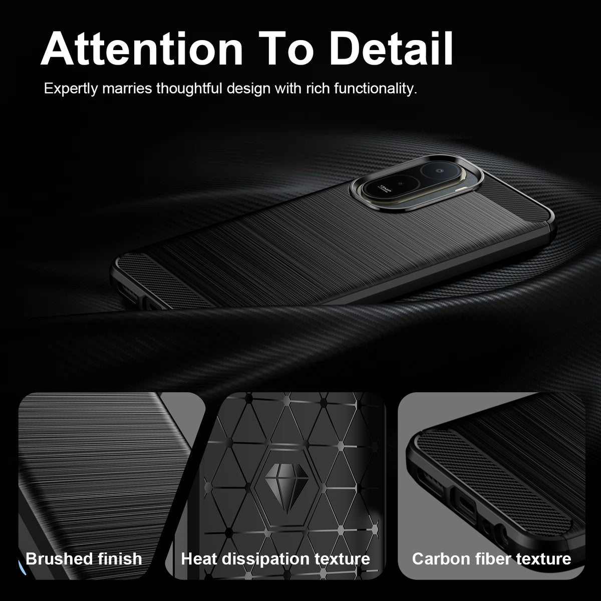 WANLONFENG til Xiaomi Poco C85x 5G / Redmi A7 Pro 4G (171.56mm), etui med skærmfilm, LS-serien, stort linsehul, TPU-mobilcover med børstet tekstur