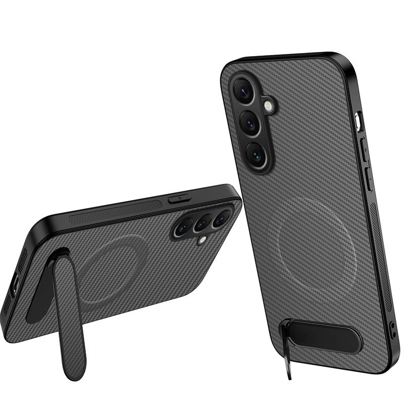 WANLONFENG För Samsung Galaxy A27 5G QT-serien Magnetiskt Skal Stativ Kolfiberstruktur PC TPU mobilskal