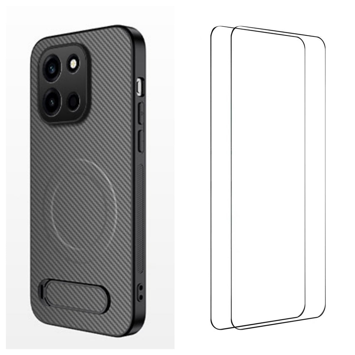 WANLONFENG Magnetiskt skal för OnePlus Turbo 6 5G QT1-serien med 2 st. härdat glas, stativ, kolfiberstruktur, PC TPU-mobilskal