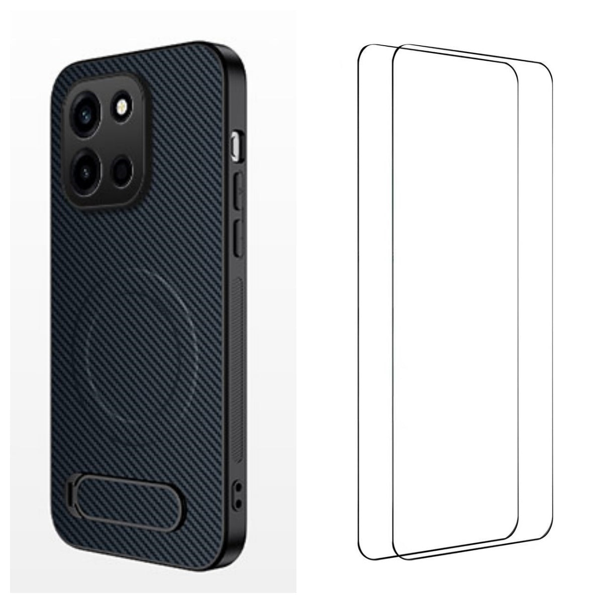 WANLONFENG Magnetiskt skal för OnePlus Turbo 6 5G QT1-serien med 2 st. härdat glas, stativ, kolfiberstruktur, PC TPU-mobilskal