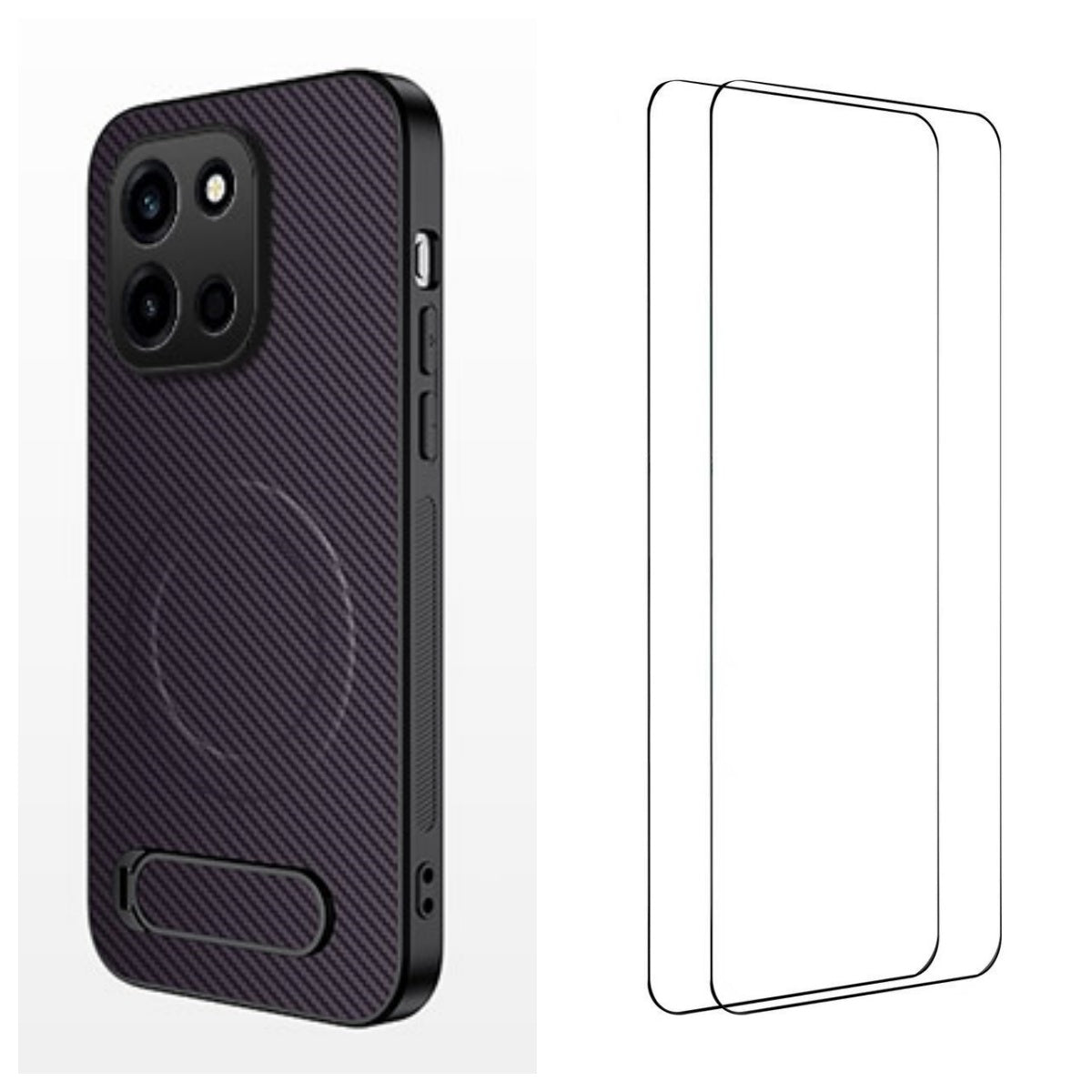 WANLONFENG Magnetiskt skal för OnePlus Turbo 6 5G QT1-serien med 2 st. härdat glas, stativ, kolfiberstruktur, PC TPU-mobilskal