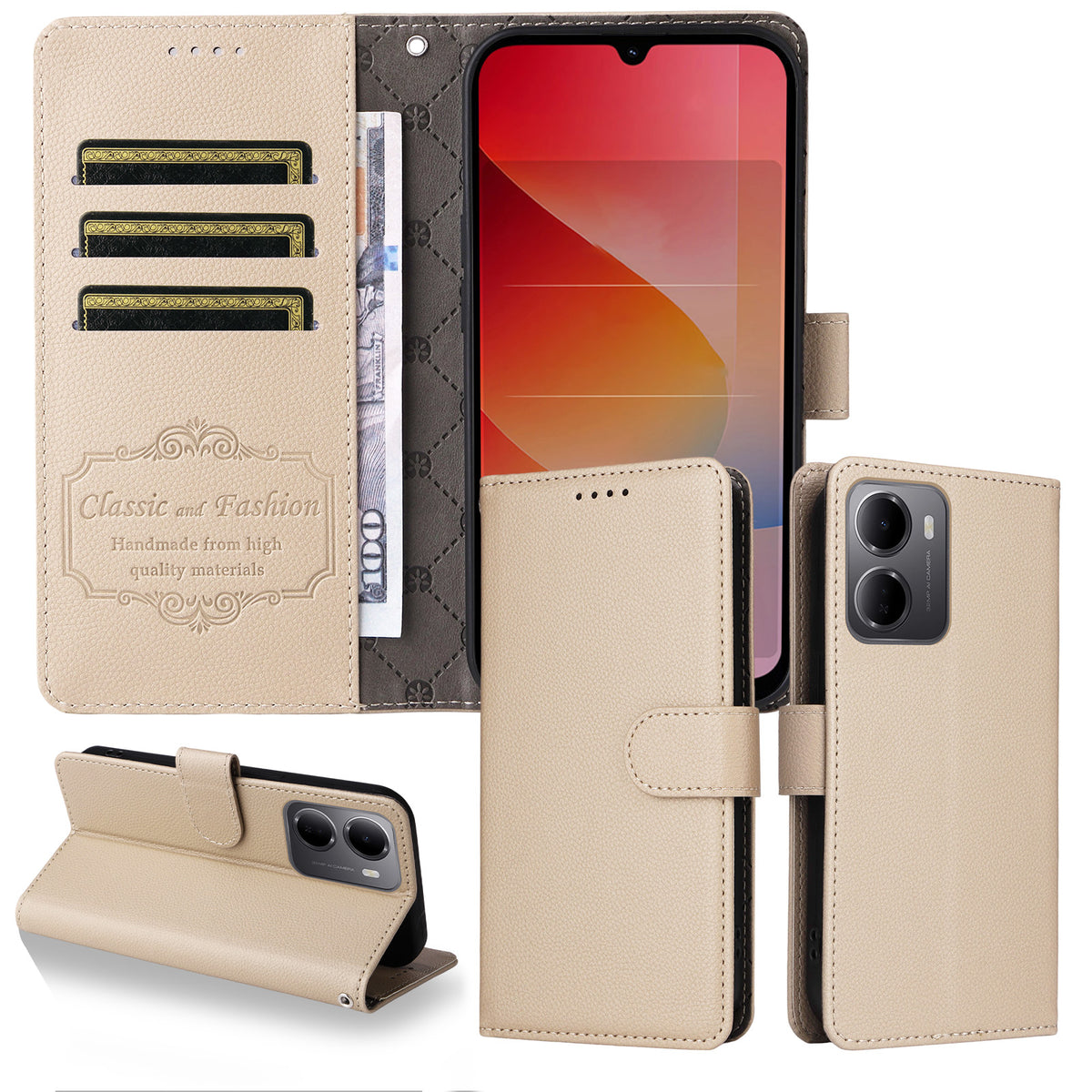 Xiaomi Redmi 15a 5G-skal, RFID-blockerande, 3 kortplatser, PU-läder, mobilskal med handledsrem
