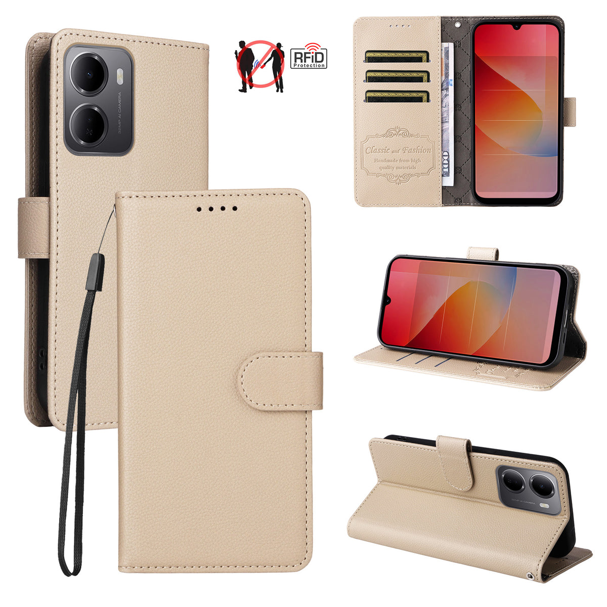 Xiaomi Redmi 15a 5G-skal, RFID-blockerande, 3 kortplatser, PU-läder, mobilskal med handledsrem