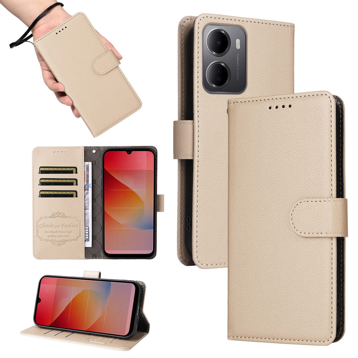 Xiaomi Redmi 15a 5G-skal, RFID-blockerande, 3 kortplatser, PU-läder, mobilskal med handledsrem