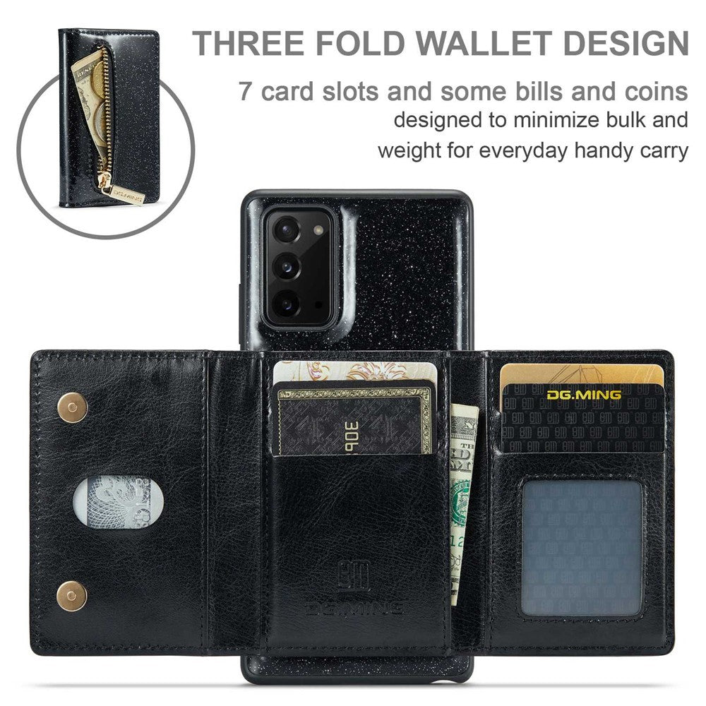 DG.MING M3 Series til Samsung Galaxy Note20/Note20 5G 2-i-1 aftageligt lynlås-pung-telefoncover, glitrende magnetisk smartphonecover med støttefod