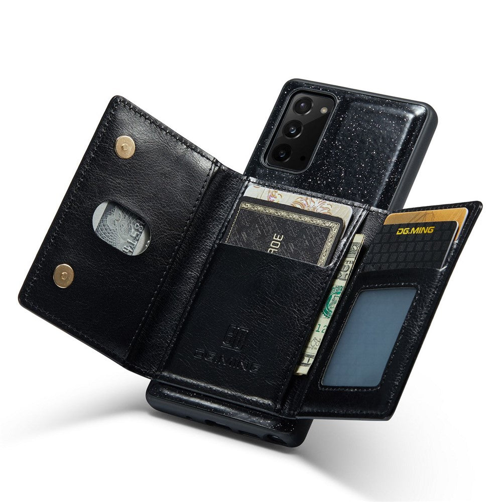 DG.MING M3 Series til Samsung Galaxy Note20/Note20 5G 2-i-1 aftageligt lynlås-pung-telefoncover, glitrende magnetisk smartphonecover med støttefod