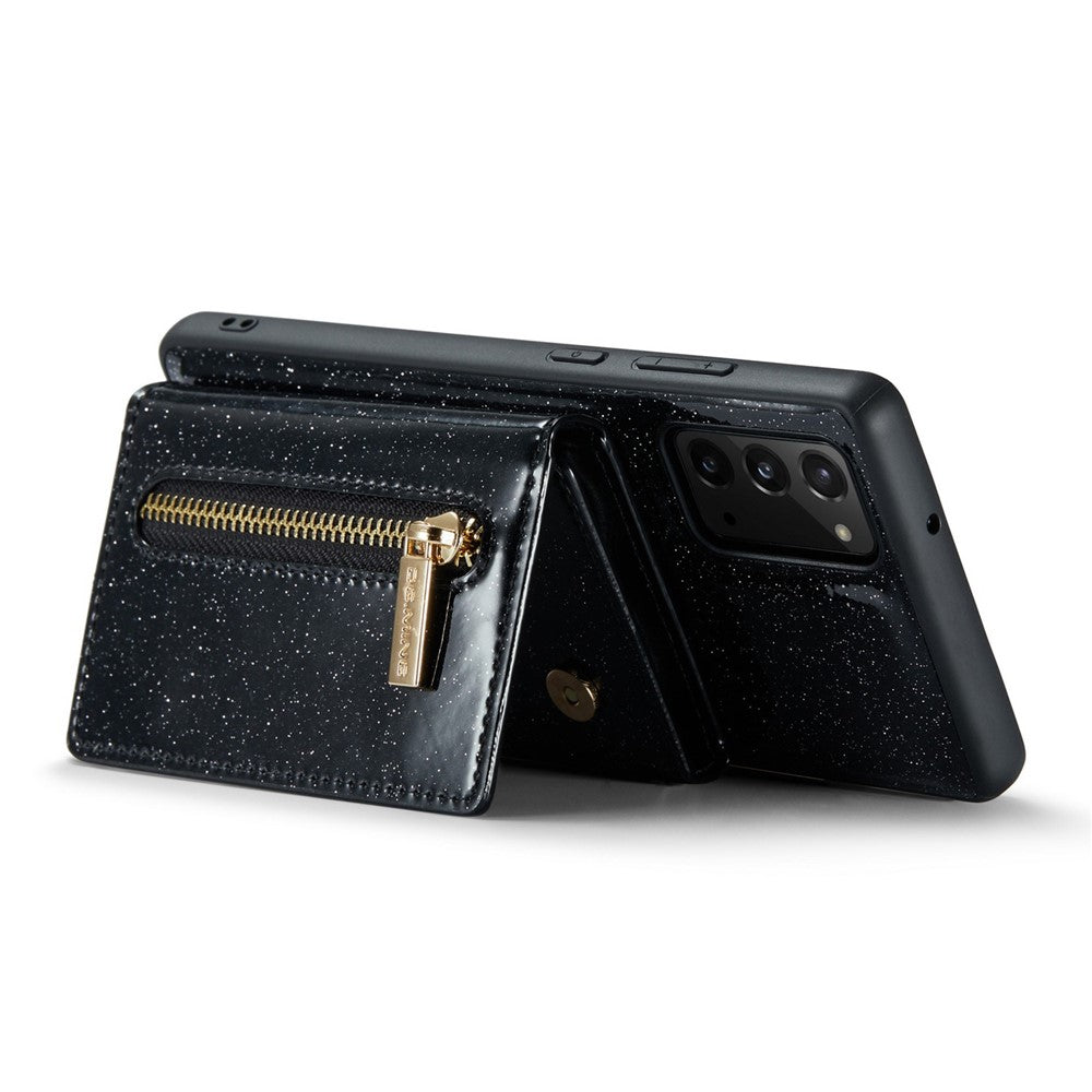 DG.MING M3 Series til Samsung Galaxy Note20/Note20 5G 2-i-1 aftageligt lynlås-pung-telefoncover, glitrende magnetisk smartphonecover med støttefod