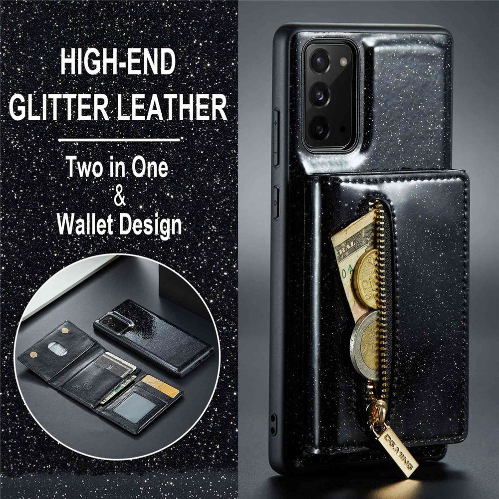 DG.MING M3 Series til Samsung Galaxy Note20/Note20 5G 2-i-1 aftageligt lynlås-pung-telefoncover, glitrende magnetisk smartphonecover med støttefod