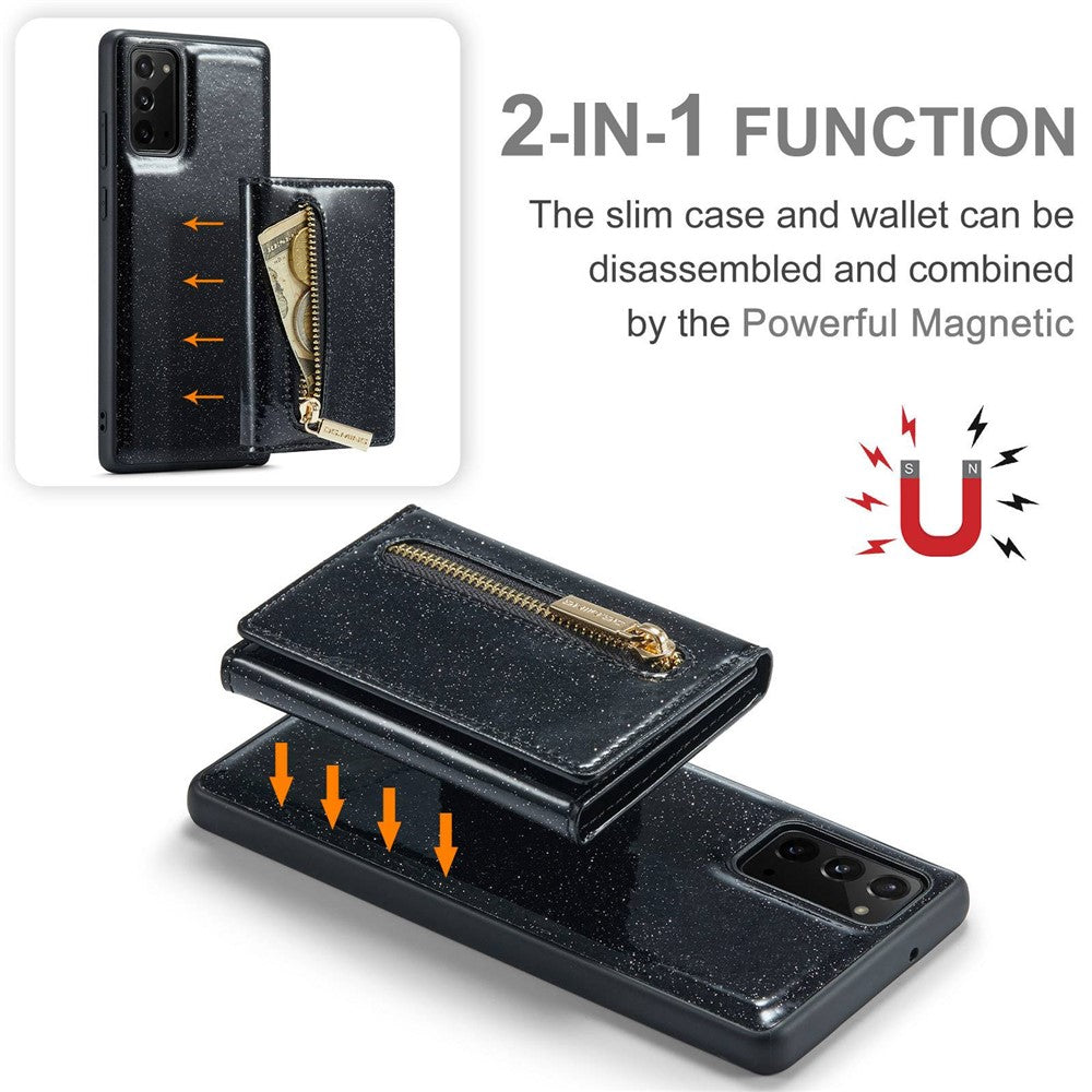 DG.MING M3 Series til Samsung Galaxy Note20/Note20 5G 2-i-1 aftageligt lynlås-pung-telefoncover, glitrende magnetisk smartphonecover med støttefod