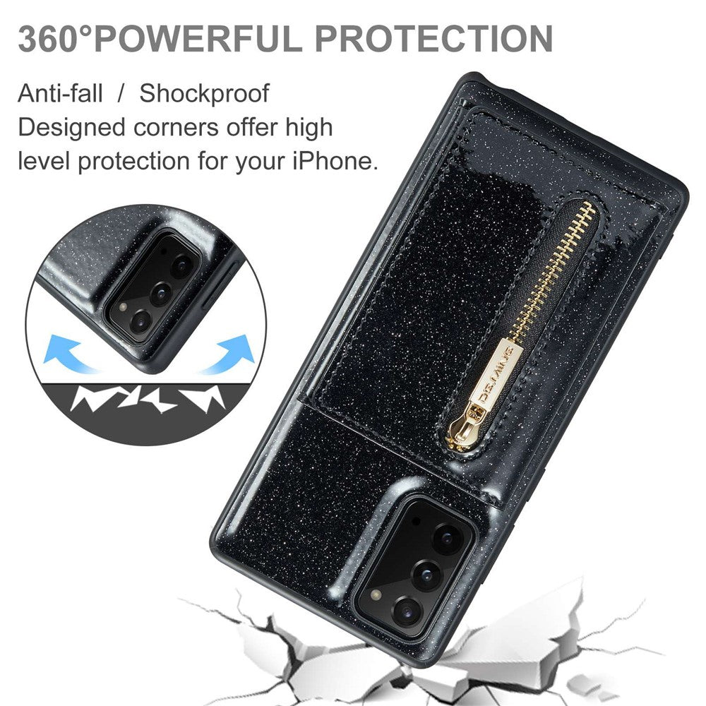 DG.MING M3 Series til Samsung Galaxy Note20/Note20 5G 2-i-1 aftageligt lynlås-pung-telefoncover, glitrende magnetisk smartphonecover med støttefod