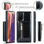 DG.MING M3 Series til Samsung Galaxy Note20/Note20 5G 2-i-1 aftageligt lynlås-pung-telefoncover, glitrende magnetisk smartphonecover med støttefod