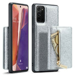 DG.MING M3 Series til Samsung Galaxy Note20/Note20 5G 2-i-1 aftageligt lynlås-pung-telefoncover, glitrende magnetisk smartphonecover med støttefod