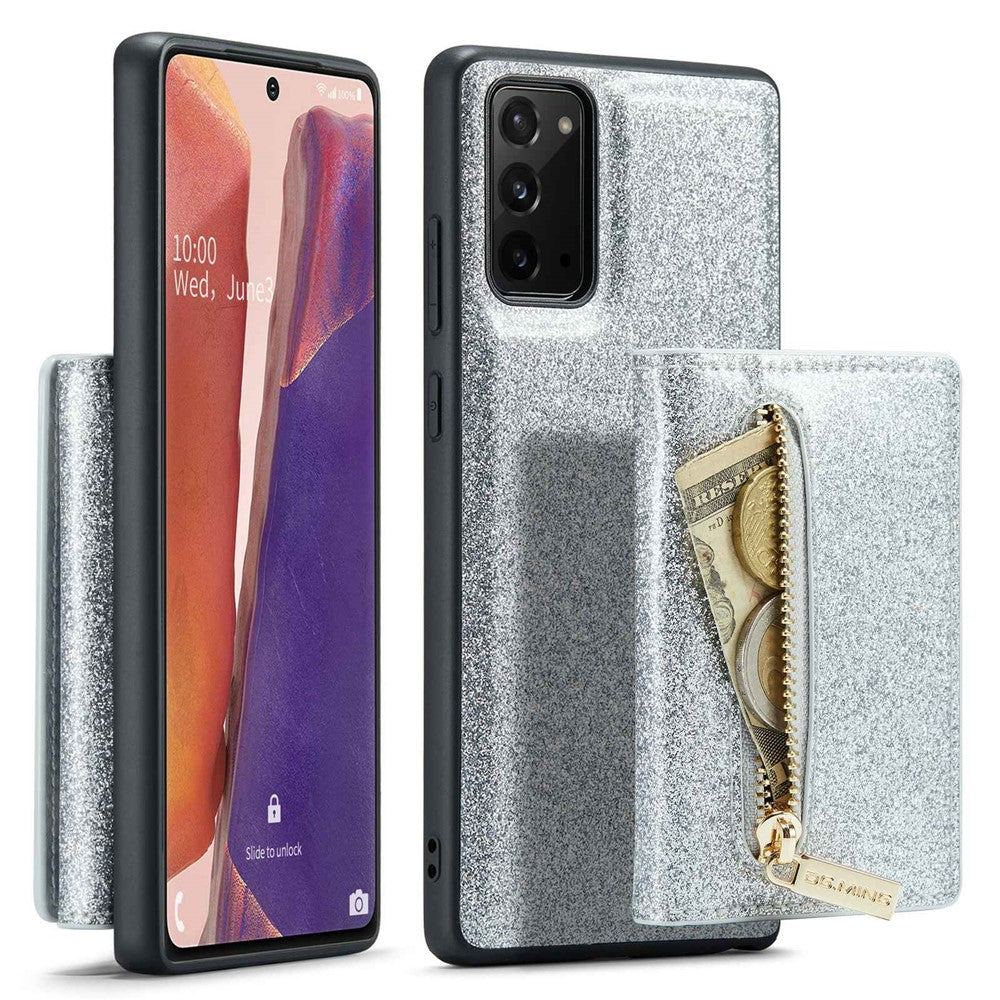 DG.MING M3 Series til Samsung Galaxy Note20/Note20 5G 2-i-1 aftageligt lynlås-pung-telefoncover, glitrende magnetisk smartphonecover med støttefod