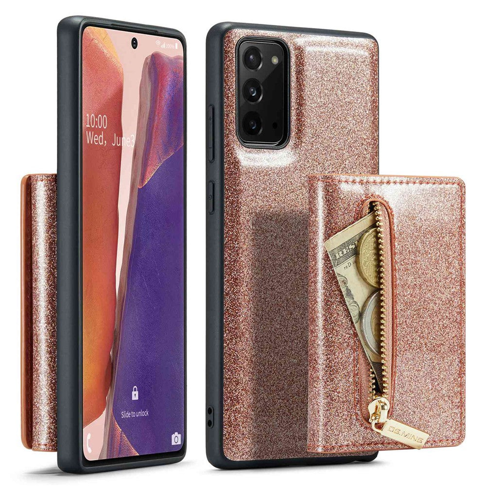 DG.MING M3 Series til Samsung Galaxy Note20/Note20 5G 2-i-1 aftageligt lynlås-pung-telefoncover, glitrende magnetisk smartphonecover med støttefod