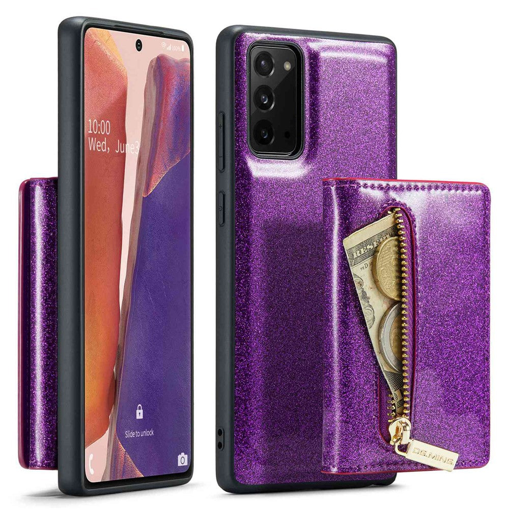 DG.MING M3 Series til Samsung Galaxy Note20/Note20 5G 2-i-1 aftageligt lynlås-pung-telefoncover, glitrende magnetisk smartphonecover med støttefod
