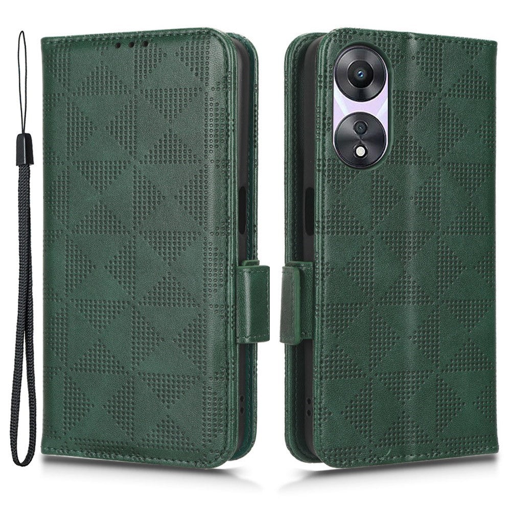 For Oppo A58 5G Imprinted Triangle Pattern PU Leather Wallet Stand Case Phone Drop-proof Cover with Hand Strap