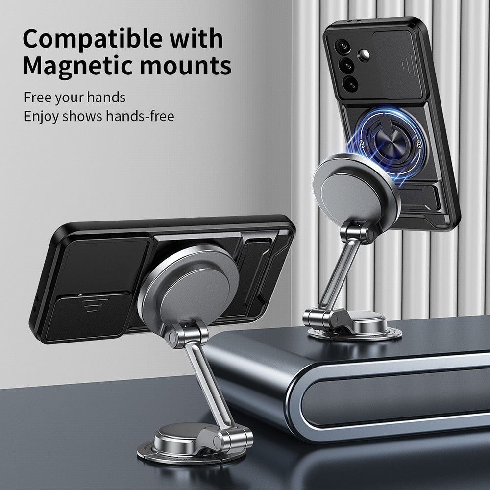 For Samsung Galaxy A27 5G Magnetic Case Ring Holder Foldable Kickstand TPU PC Phone Cover with Camera Lens Slider