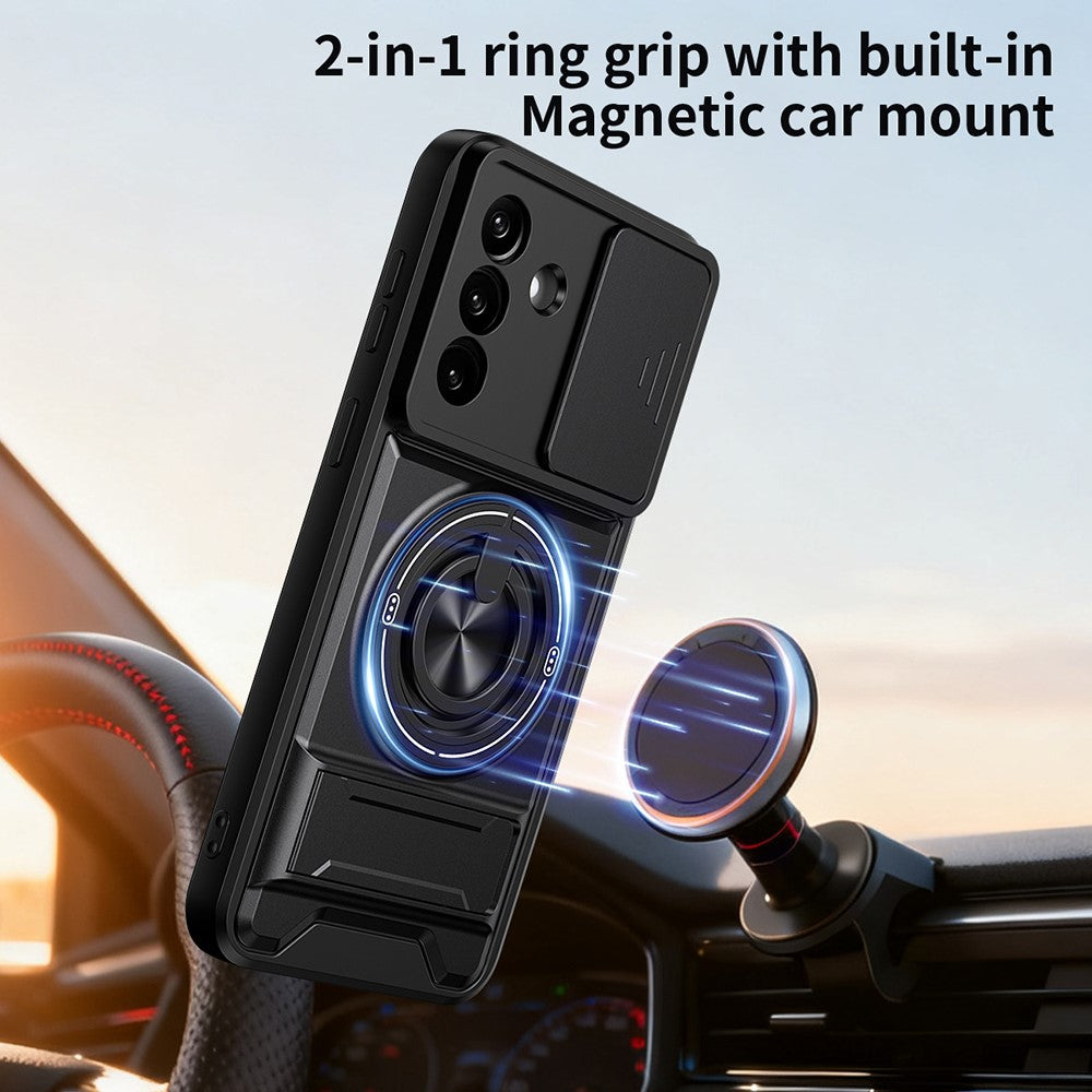 For Samsung Galaxy A27 5G Magnetic Case Ring Holder Foldable Kickstand TPU PC Phone Cover with Camera Lens Slider