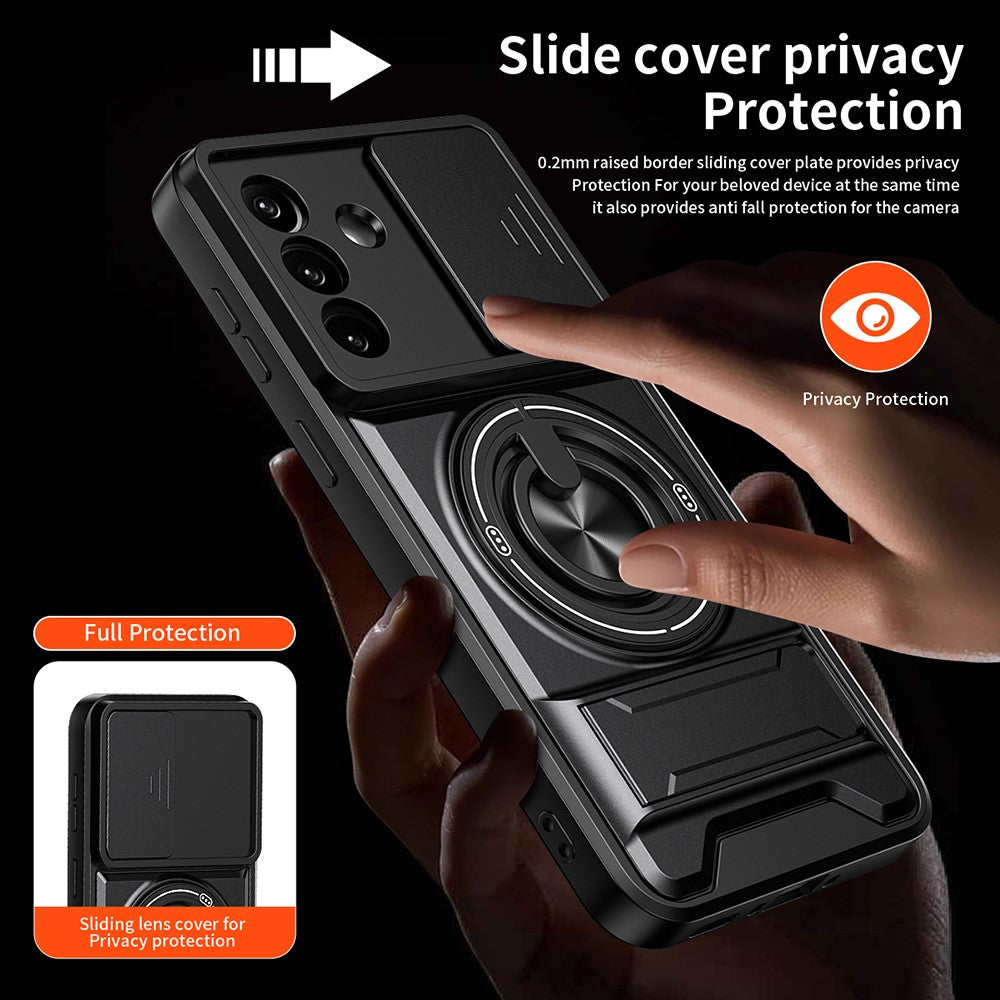 For Samsung Galaxy A27 5G Magnetic Case Ring Holder Foldable Kickstand TPU PC Phone Cover with Camera Lens Slider