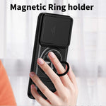 For Samsung Galaxy A27 5G Magnetic Case Ring Holder Foldable Kickstand TPU PC Phone Cover with Camera Lens Slider
