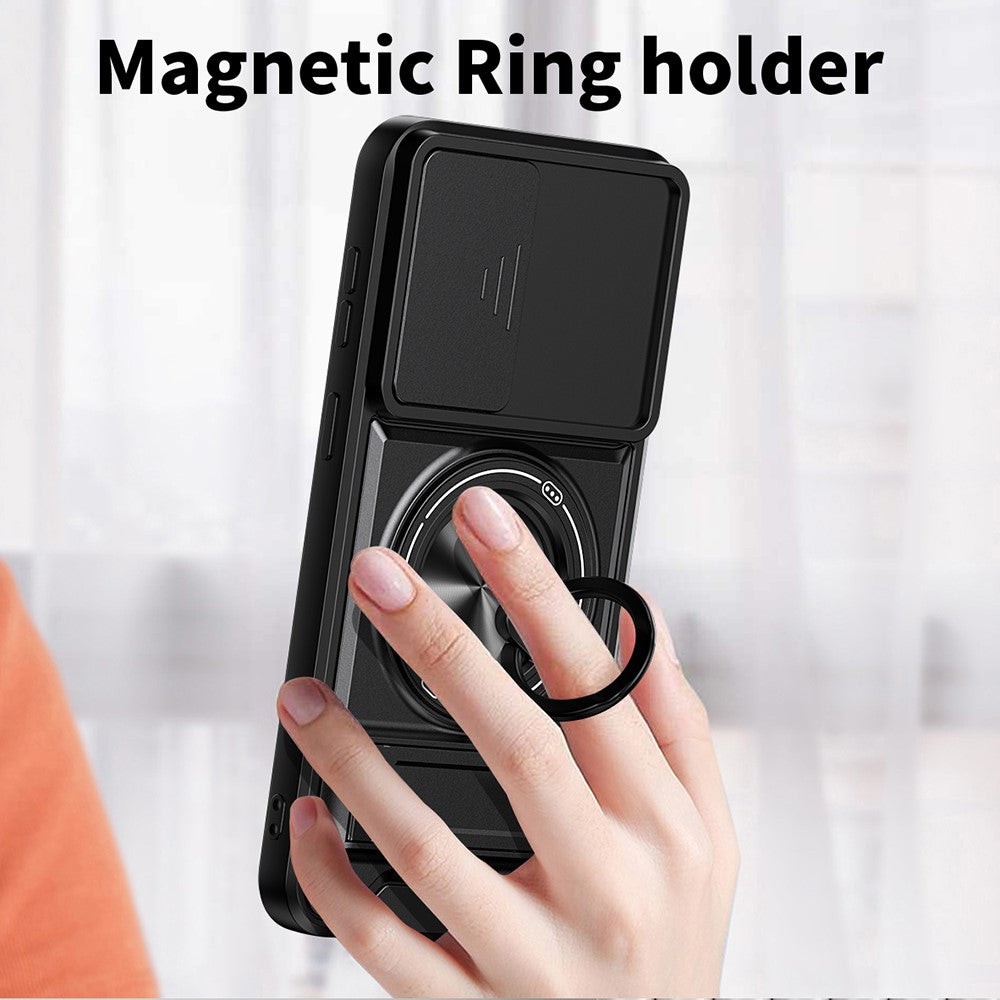 For Samsung Galaxy A27 5G Magnetic Case Ring Holder Foldable Kickstand TPU PC Phone Cover with Camera Lens Slider