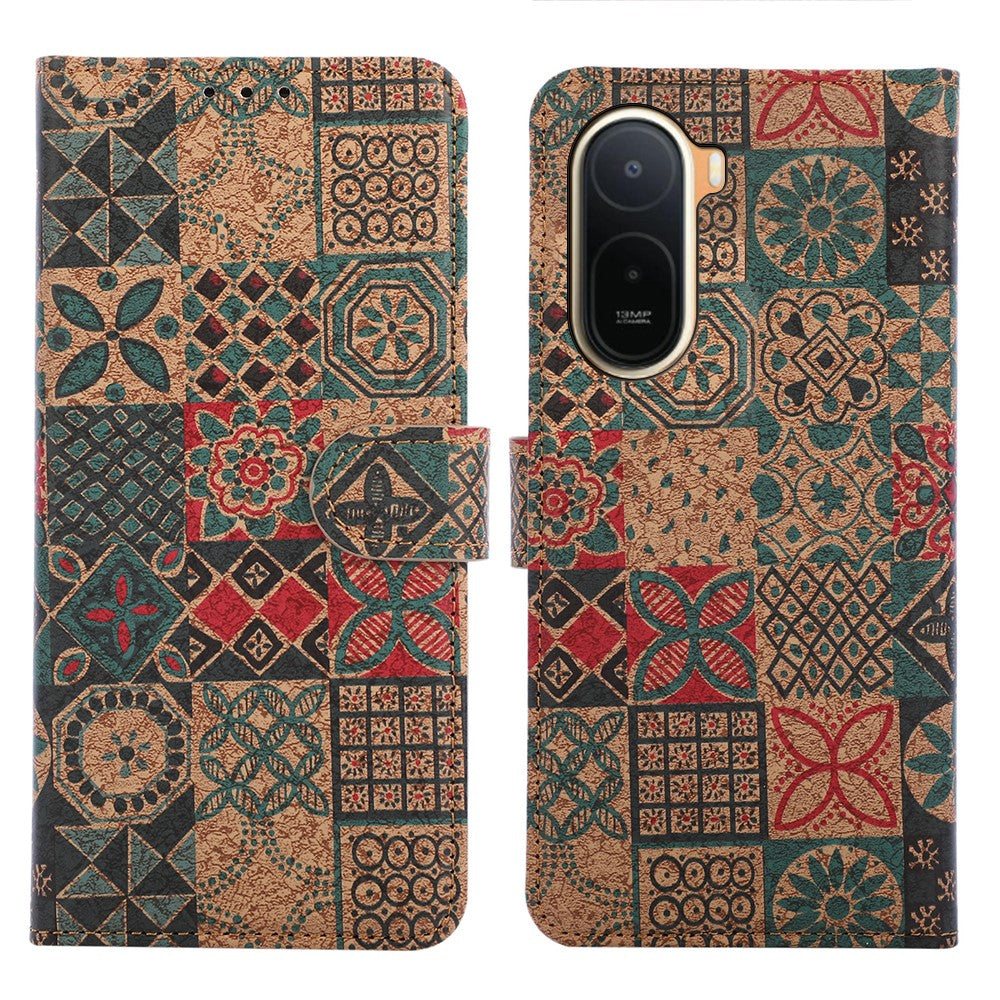 Læderpung-etui til Xiaomi Poco C85x 5G / Redmi A7 Pro 4G (171.56mm) / Redmi A7 Pro 5G, bohemisk TPU- og PU-mobilcover med stativ