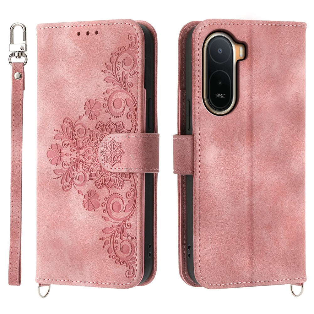 Wallet Case for Xiaomi Poco C85x 5G / Redmi A7 Pro 4G (171.56mm) / Redmi A7 Pro 5G Flower Pattern PU Leather Phone Cover with Strap
