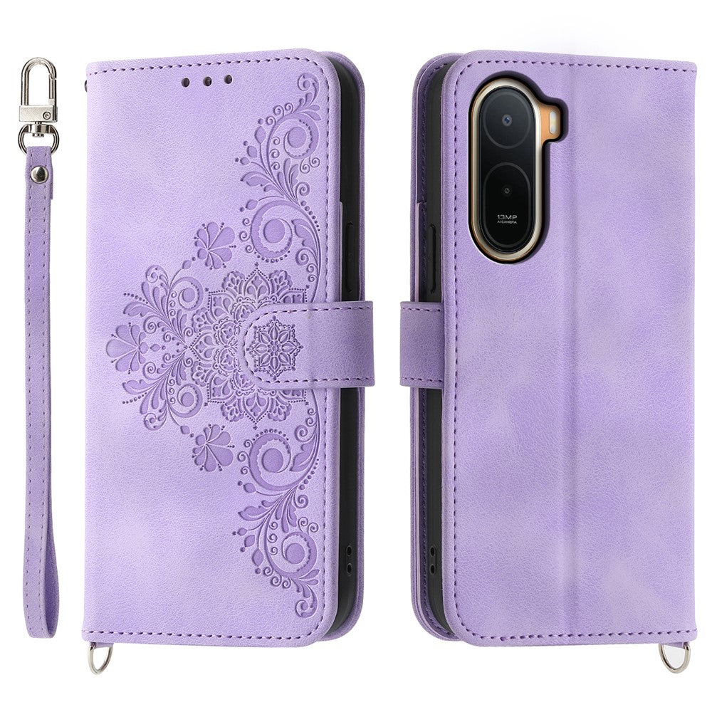 Wallet Case for Xiaomi Poco C85x 5G / Redmi A7 Pro 4G (171.56mm) / Redmi A7 Pro 5G Flower Pattern PU Leather Phone Cover with Strap