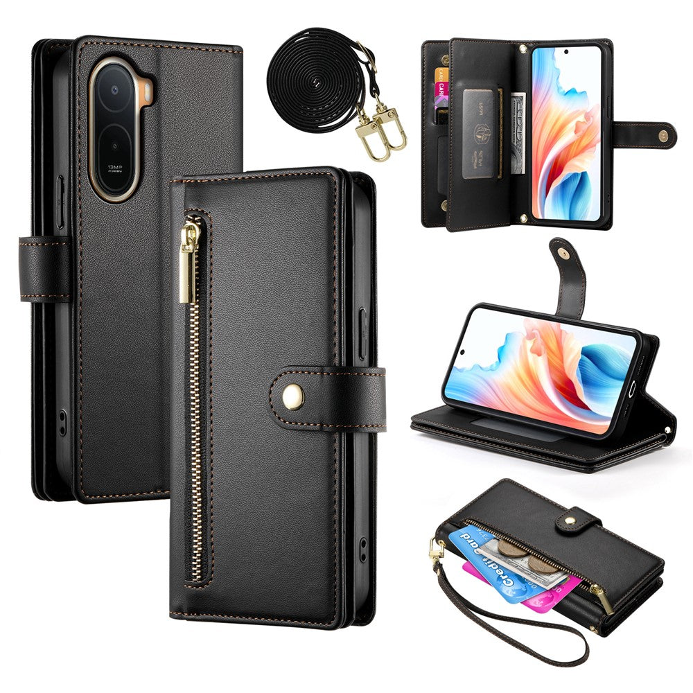 Läderfodral till Xiaomi Poco C85x 5G / Redmi A7 Pro 4G (171.56mm) / Redmi A7 Pro 5G Plånboksfodral med dragkedja och remmar