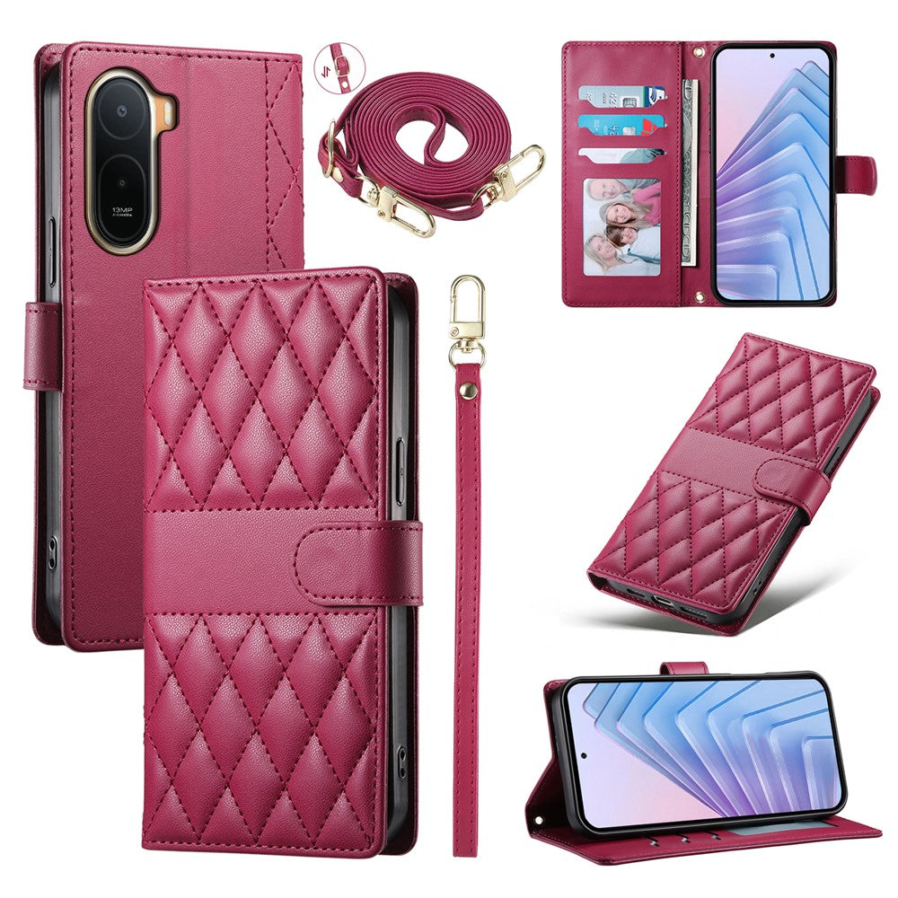 Wallet Case for Xiaomi Poco C85x 5G / Redmi A7 Pro 4G (171.56mm) / Redmi A7 Pro 5G Rhombus Stitching Stand Leather Phone Cover with Long   /   Short Strap