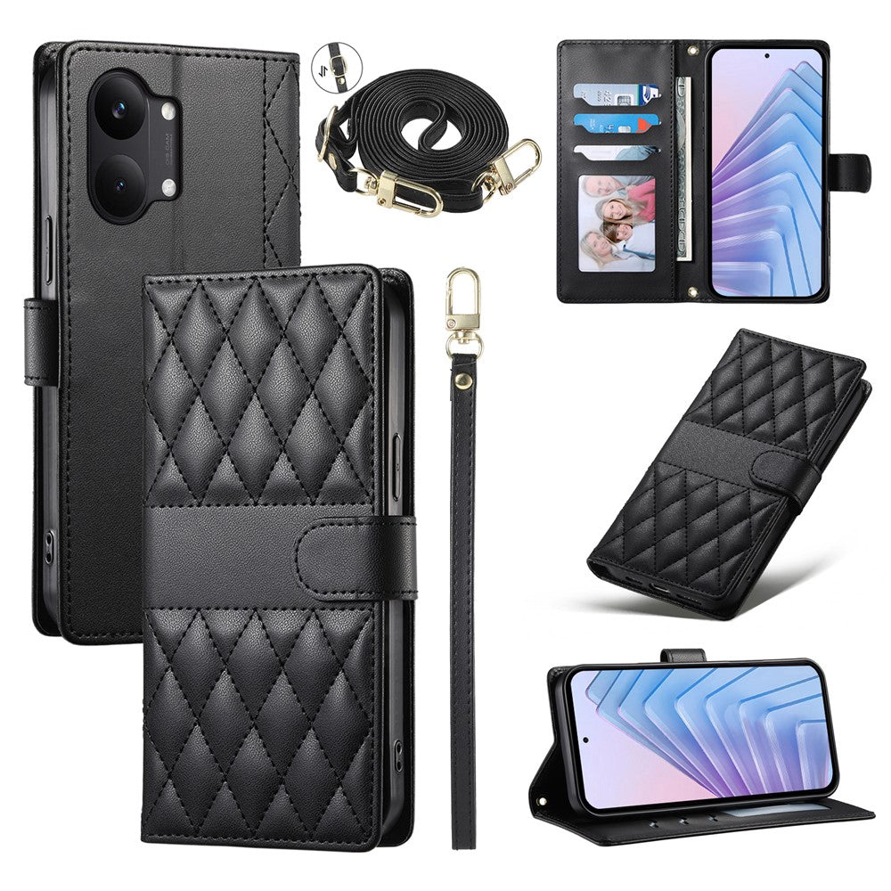 For Xiaomi Poco X8 Pro Max 5G / Redmi Turbo 5 Max 5G Wallet Case Rhombus Stitching Stand Leather Phone Cover with Long   /   Short Strap