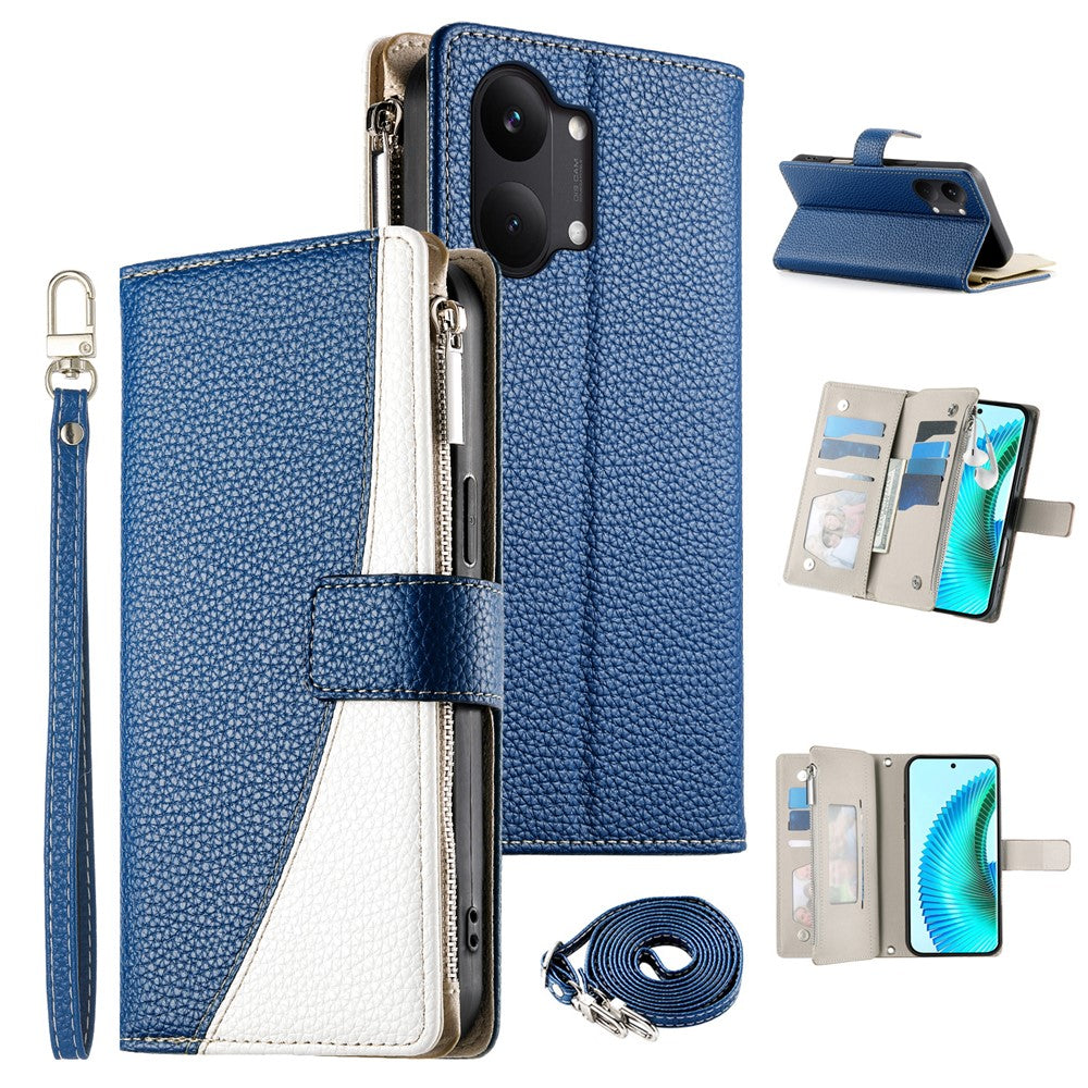 For Xiaomi Poco X8 Pro Max 5G / Redmi Turbo 5 Max 5G Leather Case Zipper Wallet Color Splicing Flip Phone Cover with Straps