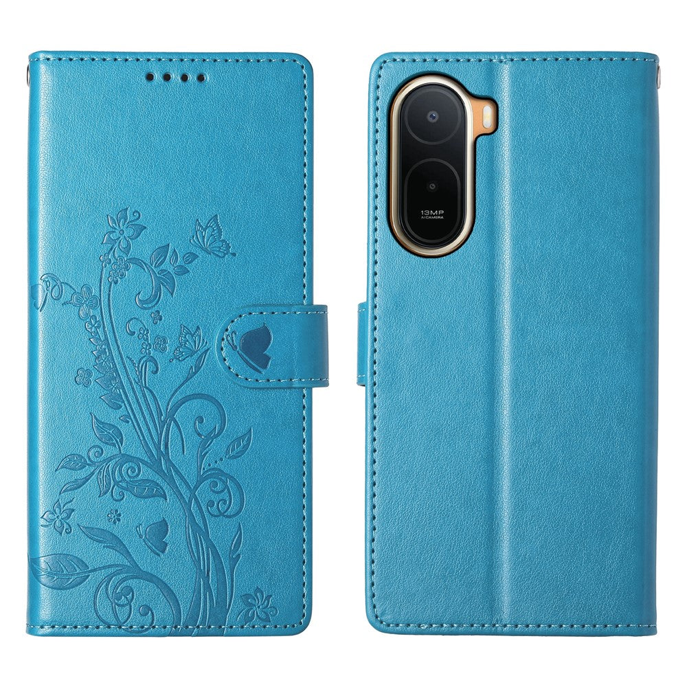 Wallet Case for Xiaomi Poco C85x 5G / Redmi A7 Pro 4G (171.56mm) / Redmi A7 Pro 5G Butterfly Floral Imprint PU Leather Phone Cover with Wrist Strap