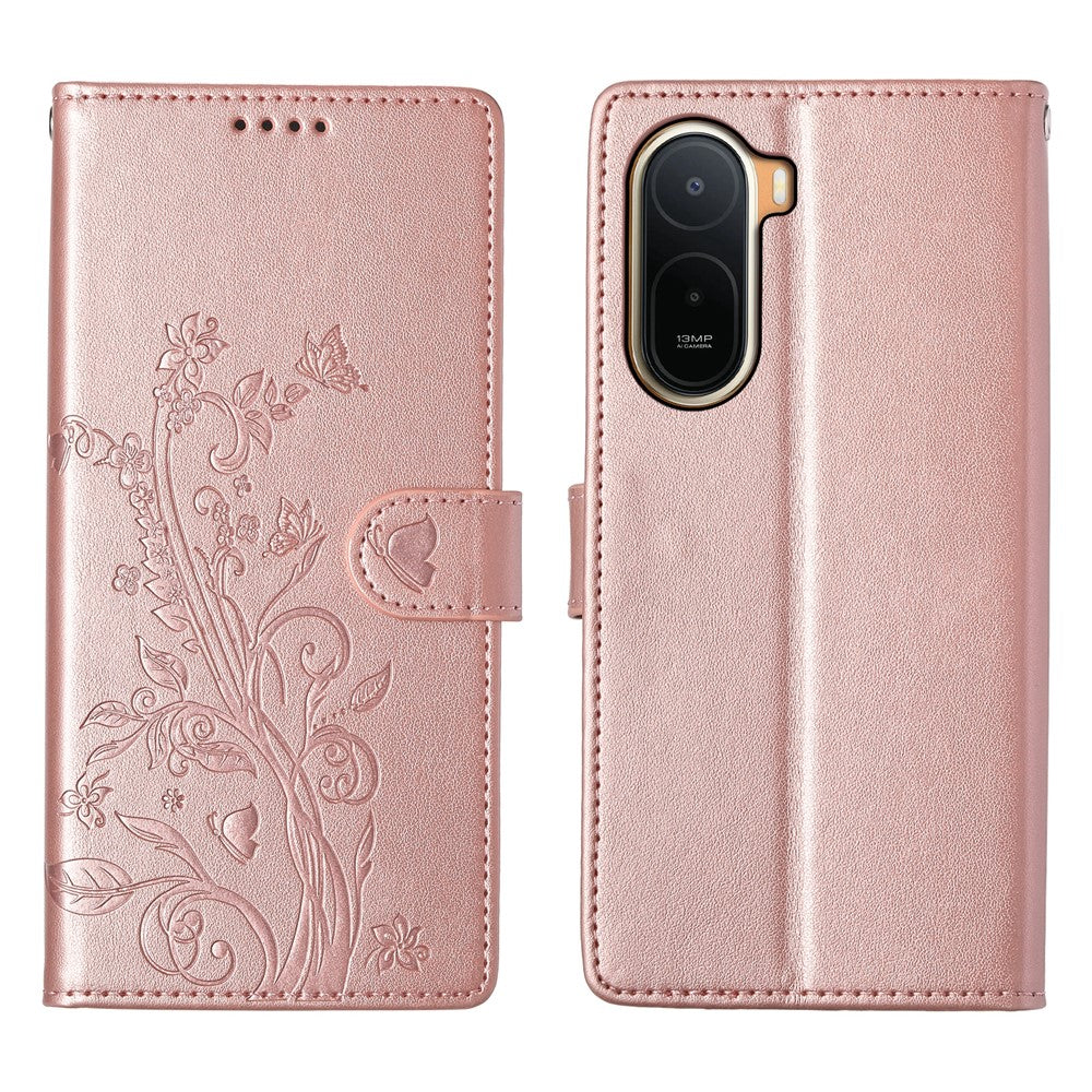 Wallet Case for Xiaomi Poco C85x 5G / Redmi A7 Pro 4G (171.56mm) / Redmi A7 Pro 5G Butterfly Floral Imprint PU Leather Phone Cover with Wrist Strap