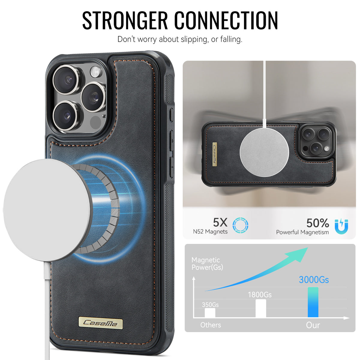 CaseMe för iPhone 15 Pro C69-serien magnetiskt skal läderbelagt TPU-mobilskydd