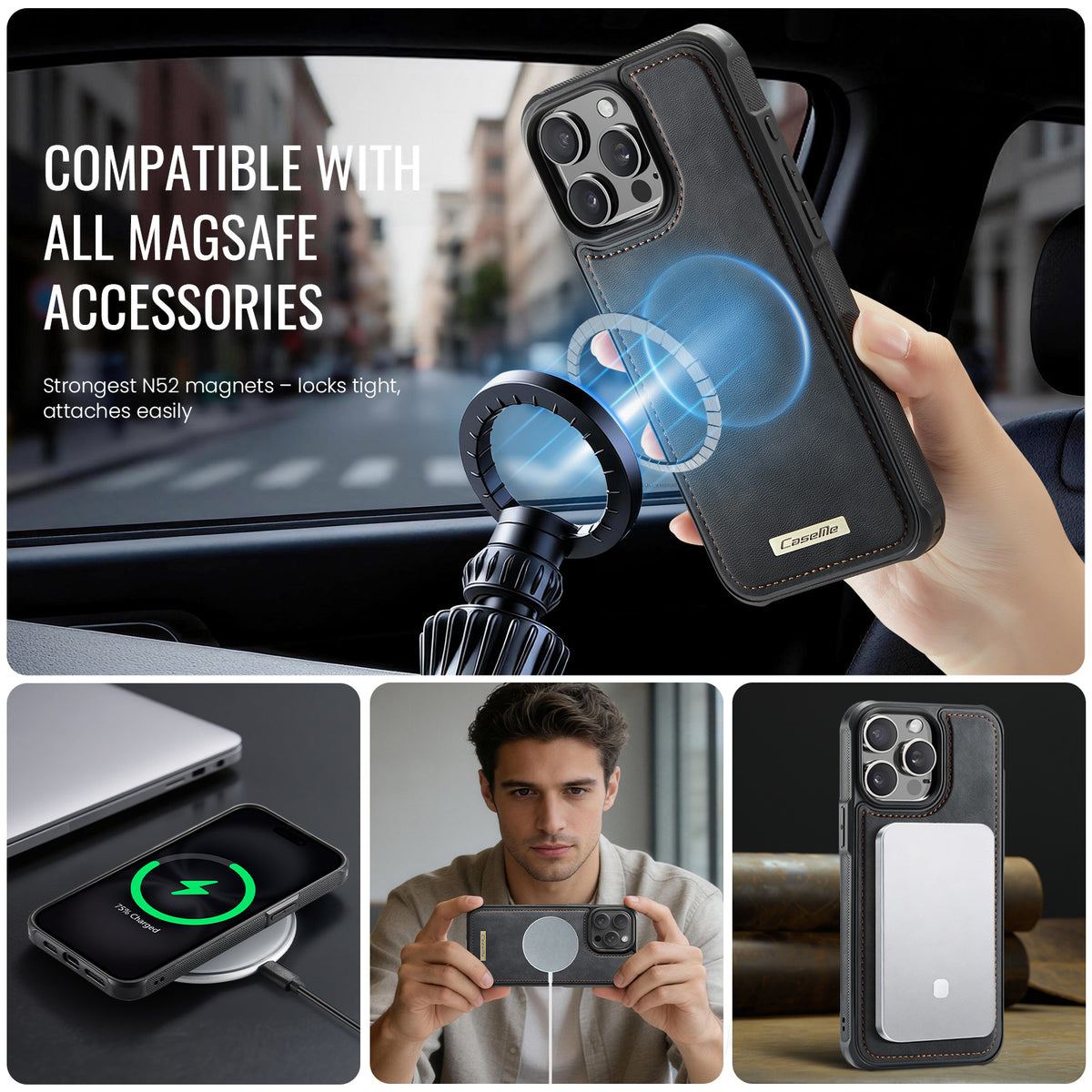 CaseMe For iPhone 15 Pro Max C69 Series Magnetic Case Leather Coated TPU Phone Cover