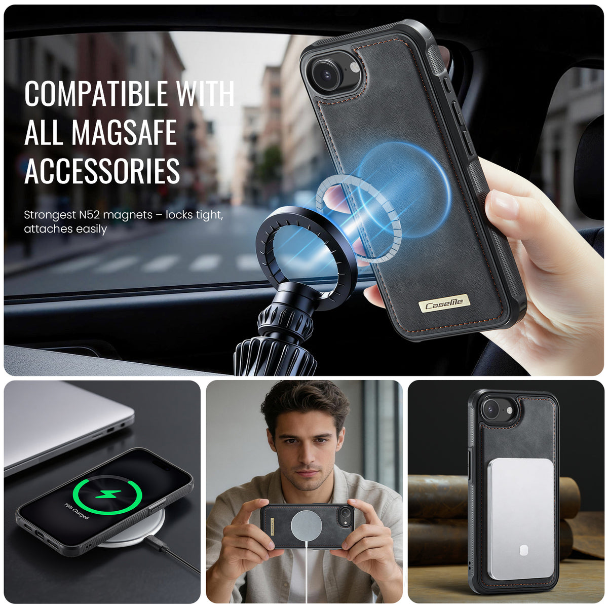 CaseMe For iPhone 16e / iPhone 17e C69 Series Magnetic Case Leather Coated TPU Phone Cover