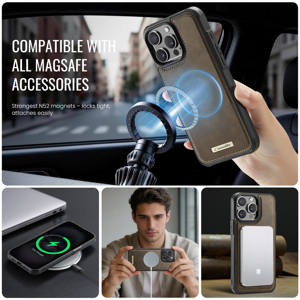 CaseMe For iPhone 14 Pro Max C69 Series Magnetic Case Leather Coated TPU Phone Cover