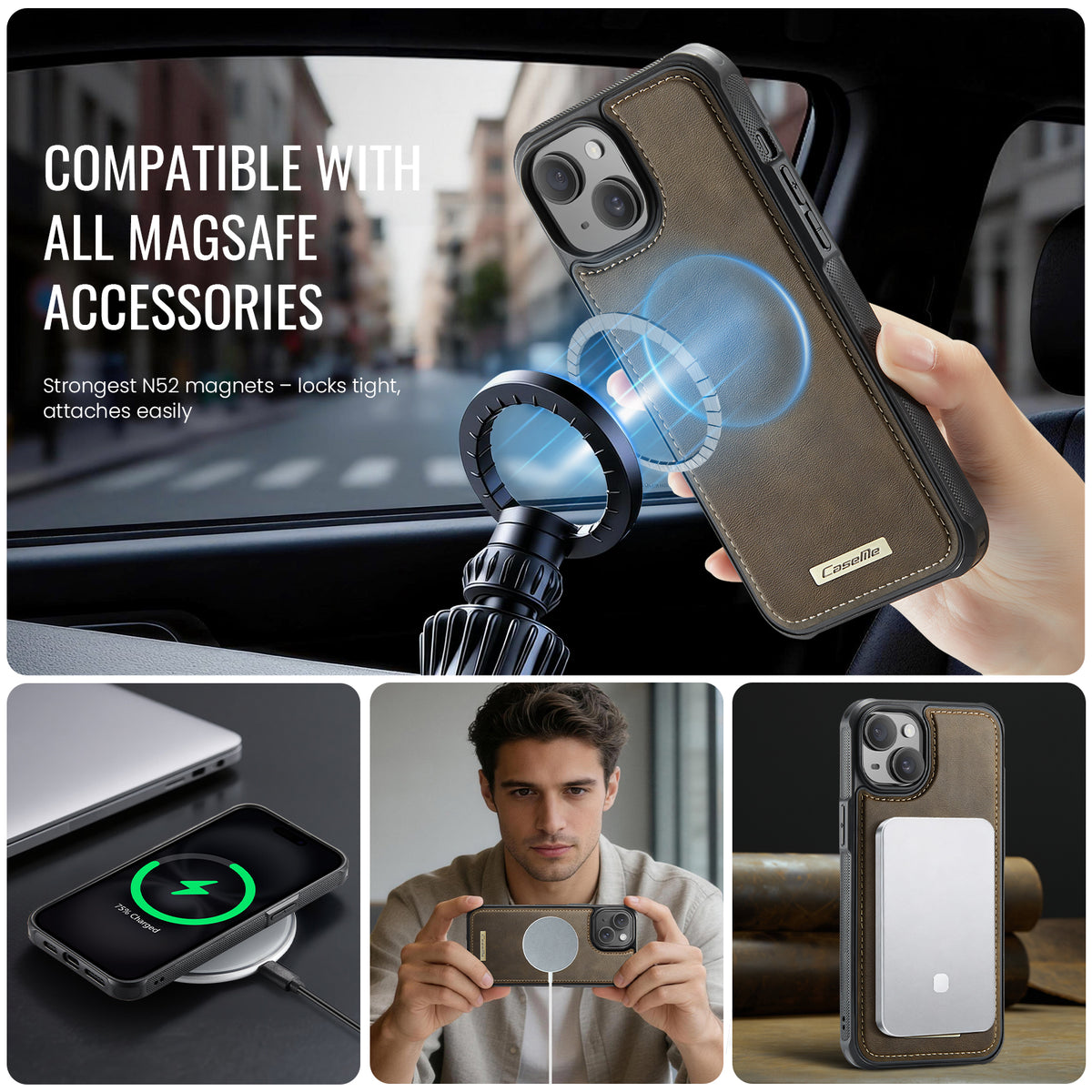 CaseMe For iPhone 13 C69 Series Magnetic Case Leather Coated TPU Phone Cover